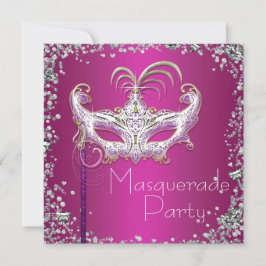 Elegante zilveren confetti roze maskerade feest kaart