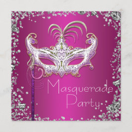 Elegante zilveren confetti roze maskerade feest kaart