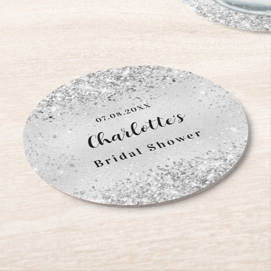 Elegante zilveren confetti voor bruidsfeest ronde kartonnen onderzetter (Gebogen)