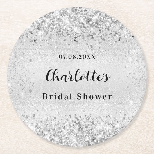Elegante zilveren confetti voor bruidsfeest ronde kartonnen onderzetter (Voorkant)