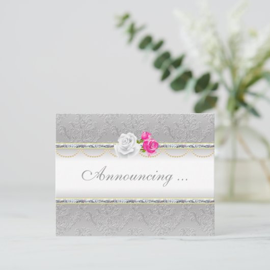 Elegante zilveren damast en roze roos bruiloft kaart (Staand voorkant)