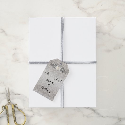 Elegante zilveren damast stijl bruiloft 1 cadeaulabel (Met Touw)