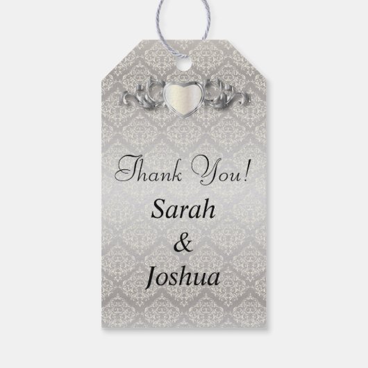 Elegante zilveren damast stijl bruiloft 1 cadeaulabel (Achterkant)