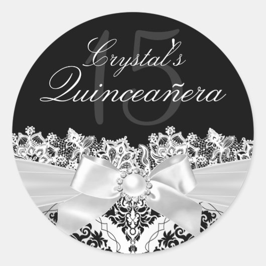 Elegante Zilveren Damast & Strik Quinceanera Stick Ronde Sticker (Voorkant)