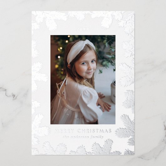 Elegante zilveren dennenboom fotolijst folie feestdagenkaart (Voorkant)