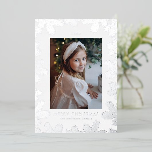 Elegante zilveren dennenboom fotolijst folie feestdagenkaart (Staand Voorkant)