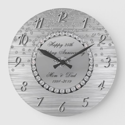 Elegante zilveren diamanten 25e trouwdag grote klok (Voorkant)
