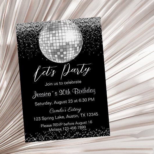 Elegante Zilveren Discobal Let's Party Verjaardag Folie Uitnodiging
