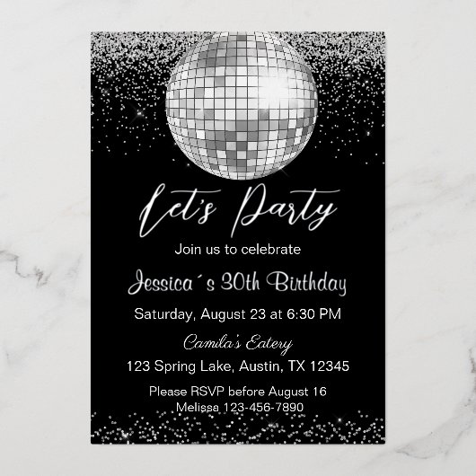 Elegante Zilveren Discobal Let's Party Verjaardag Folie Uitnodiging (Voorkant)