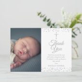 Elegante Zilveren Doop Doopfeest Harten Foto Bedankkaart (Staand voorkant)