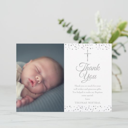 Elegante Zilveren Doop Doopfeest Harten Foto Bedankkaart (Staand voorkant)
