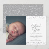 Elegante Zilveren Doop Doopfeest Harten Foto Bedankkaart (Voorkant / Achterkant)