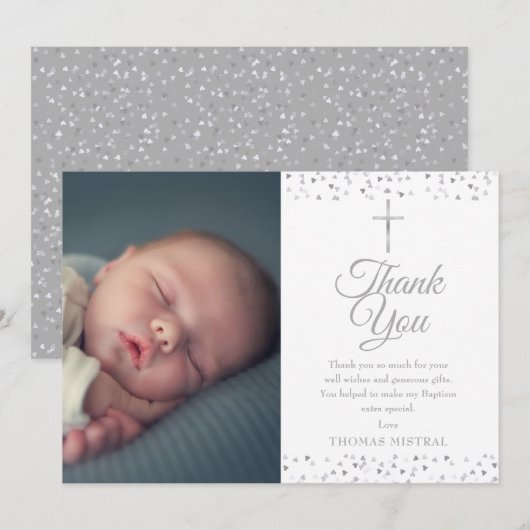 Elegante Zilveren Doop Doopfeest Harten Foto Bedankkaart (Voorkant / Achterkant)