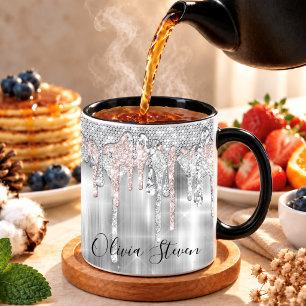 Elegante zilveren druipende glitters monogram koffiemok