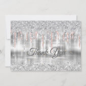 Elegante zilveren druppelende glinster monogram bedankkaart (Voorkant)