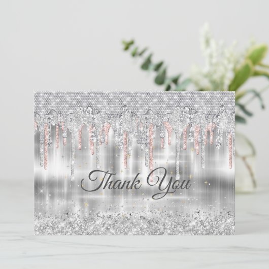 Elegante zilveren druppelende glinster monogram bedankkaart (Staand voorkant)