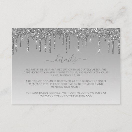 Elegante Zilveren Druppelende Glitter Wedding Deta Informatiekaartje (Voorkant)