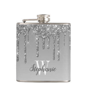 Elegante Zilveren Druppelende Nep Glitter Monogram Heupfles