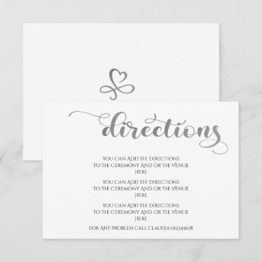Elegante Zilveren Eenvoudige Huwelijks Richtingen Notitiekaartje (Voorkant / Achterkant)