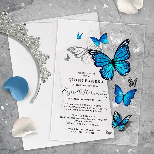 Elegante zilveren en blauwe vlinder Quinceanera Acryl Uitnodigingen