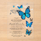 Elegante zilveren en blauwe vlinder Quinceanera Acryl Uitnodigingen (Voorkant)