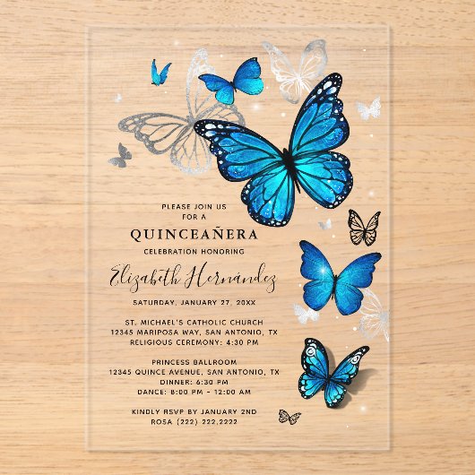 Elegante zilveren en blauwe vlinder Quinceanera Acryl Uitnodigingen (Voorkant)
