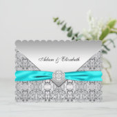 Elegante zilveren en Blauwgroen Blue Lace bruiloft Kaart (Staand voorkant)