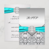 Elegante zilveren en Blauwgroen Blue Wedding RSVP (Voorkant / Achterkant)