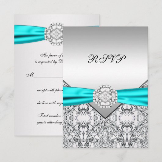 Elegante zilveren en Blauwgroen Blue Wedding RSVP (Voorkant / Achterkant)