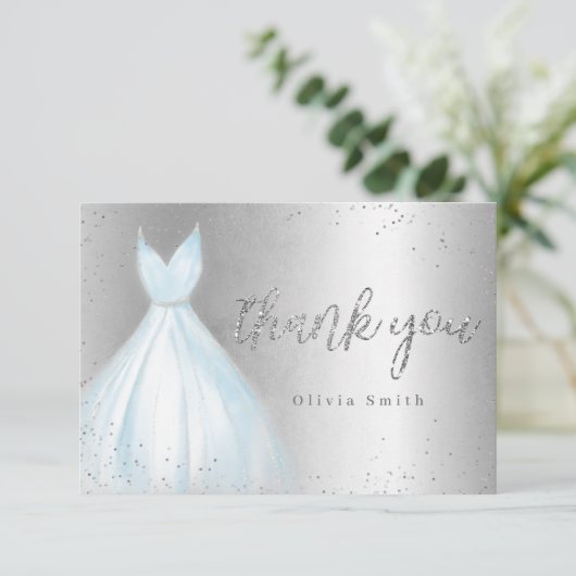 Elegante zilveren en fonkelblauwe jurk quinceañera bedankkaart (Staand voorkant)