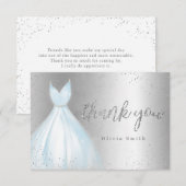 Elegante zilveren en fonkelblauwe jurk quinceañera bedankkaart (Voorkant / Achterkant)