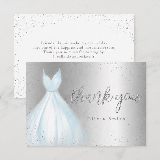 Elegante zilveren en fonkelblauwe jurk quinceañera bedankkaart (Voorkant / Achterkant)