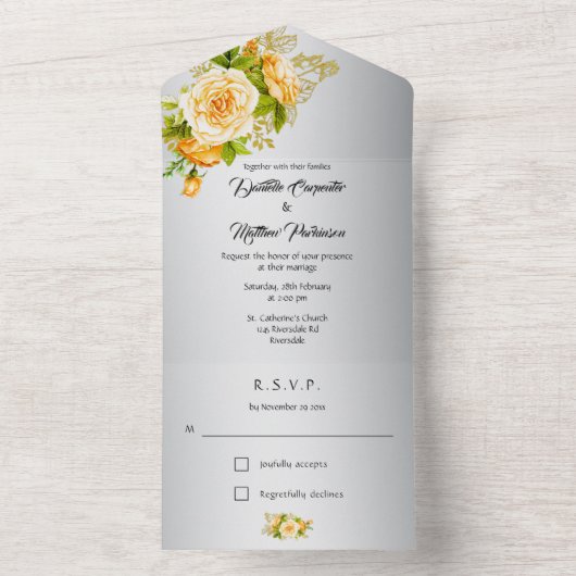 Elegante zilveren en gele rozen bruiloft all in one uitnodiging (Binnen)
