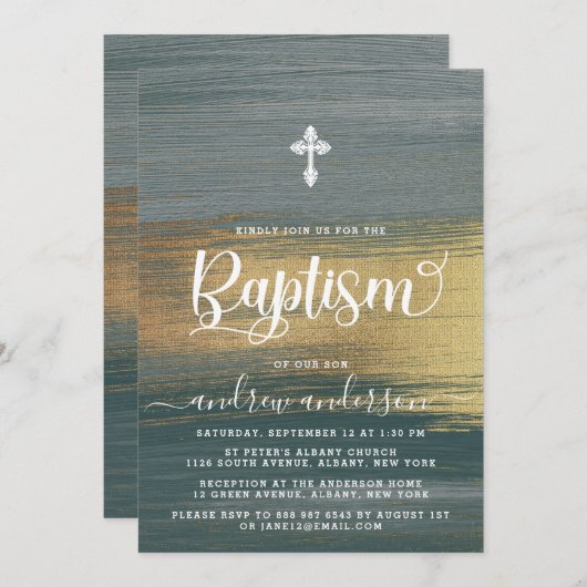 Elegante zilveren en gouden jongensdoop kaart (Voorkant / Achterkant)