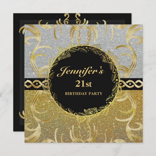 Elegante zilveren en gouden verjaardagsuitnodiging kaart (Voorkant / Achterkant)