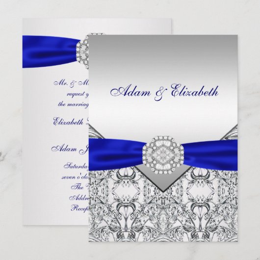 Elegante zilveren en koninklijke blauwe bruiloft u kaart (Voorkant / Achterkant)