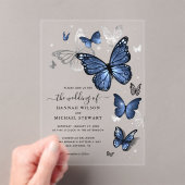 Elegante zilveren en marine blauwe vlinder bruilof acryl uitnodigingen (Insitu (Draagbaar))