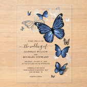 Elegante zilveren en marine blauwe vlinder bruilof acryl uitnodigingen (Voorkant)