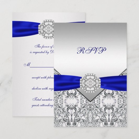 Elegante Zilveren en Royal Blue Wedding RSVP (Voorkant / Achterkant)