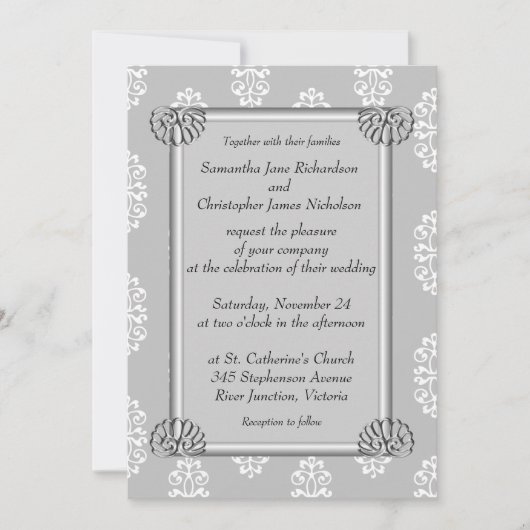 Elegante zilveren en witte damast bruiloft kaart (Voorkant)