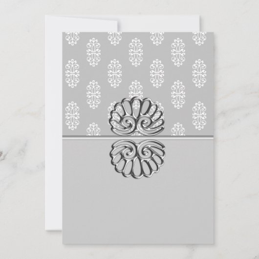 Elegante zilveren en witte damast bruiloft kaart (Achterkant)