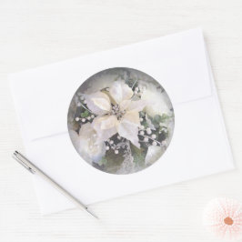 Elegante zilveren en witte kerst poinsettia ronde sticker