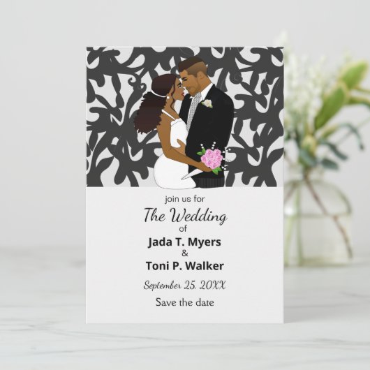 Elegante zilveren en zwarte Afro-Amerikaanse bruil Kaart (Staand voorkant)