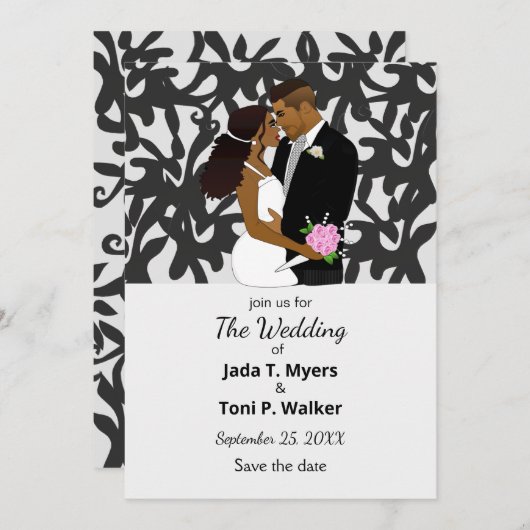 Elegante zilveren en zwarte Afro-Amerikaanse bruil Kaart (Voorkant / Achterkant)