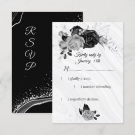 Elegante zilveren en zwarte bloemen RSVP kaartje