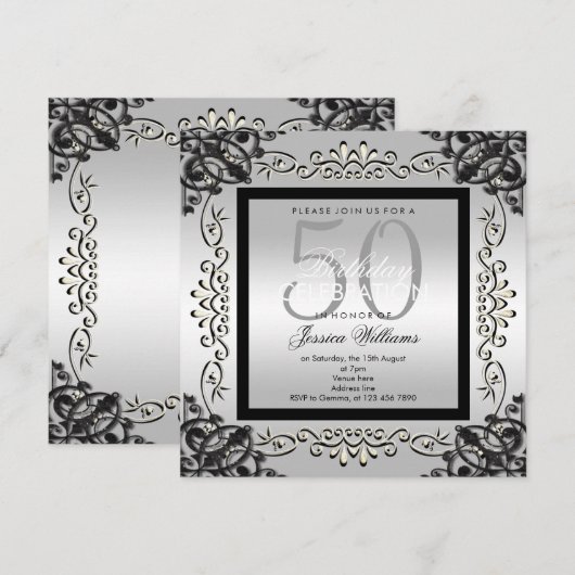 Elegante zilveren en zwarte verjaardagscadeau voor kaart (Voorkant / Achterkant)