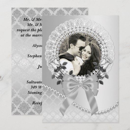 Elegante zilveren foto bruiloft uitnodiging met pa (Voorkant / Achterkant)