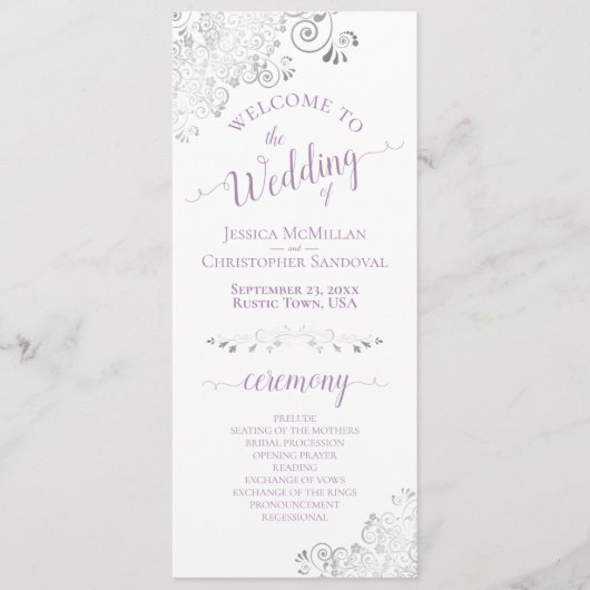 Elegante zilveren franjes & lavendel op witte brui programmakaart (Voorkant)