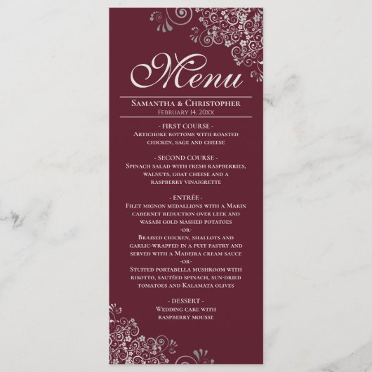 Elegante zilveren franjes op bordeaux maroon bruil menu (Voorkant)