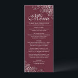 Elegante zilveren franjes op bordeaux maroon bruil menu<br><div class="desc">Dit prachtige menu zal wat stijl toevoegen aan uw huwelijksreceptie. Het heeft een prachtig ontwerp met zilvergrijze faux folie krullen en wervelingen op een bordeaux of kastanjebruine achtergrond. Er is ruimte voor de namen van het paar en de trouwdatum, en de tekst is volledig aanpasbaar. Elegant, stijlvol en glam, dit...</div>